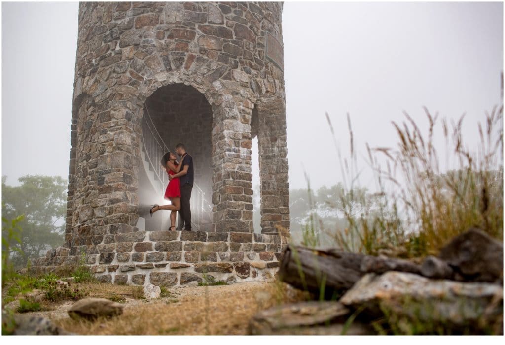 Mount Battie Engagement session with Bethany and Jesus in the stone tower.